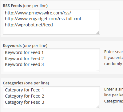 Three RSS feeds, each with an associated keyword and category.